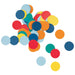 Colorful paper confetti circles in light blue, dark blue, yellow, red, orange, and teal scattered on a white background.