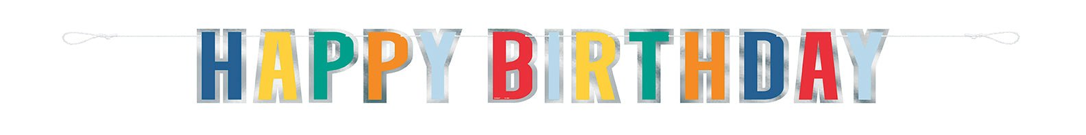 Colorful letter banner spelling "Happy Birthday" with each letter in different bright colors including blue, yellow, green, orange, and red, featuring a metallic foil finish.