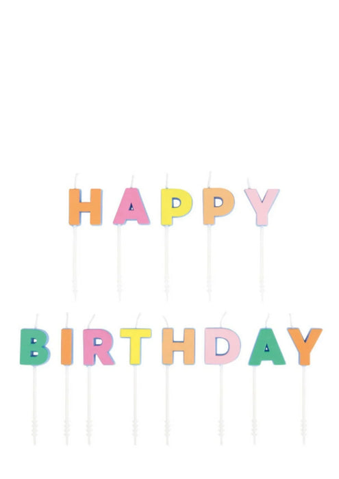 Colorful letter candles spelling "HAPPY BIRTHDAY" in orange, pink, yellow, green, and blue, arranged on white sticks against a white background.