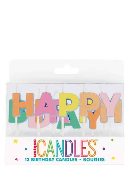 Colorful "Happy Birthday" letter candles in pink, yellow, orange, and green with a package of 13 birthday candles shown in retail packaging.