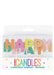 Colorful "Happy Birthday" letter candles in pink, yellow, orange, and green with a package of 13 birthday candles shown in retail packaging.
