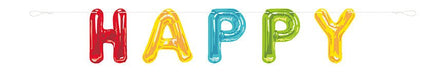 Colorful letter balloons spelling "HAPPY" in red, yellow, teal, green, and yellow arranged horizontally against a white background.