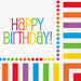 Colorful Happy Birthday napkins featuring rainbow letters and multicolored vertical stripes along the bottom edge, with a color-coded dot legend on the right side.