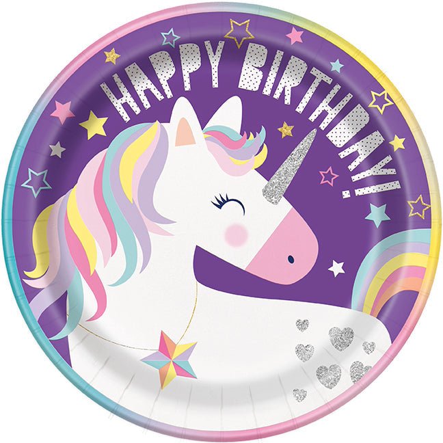 Purple paper plate featuring a white unicorn with rainbow mane, glitter horn, and "Happy Birthday" text surrounded by colorful stars.