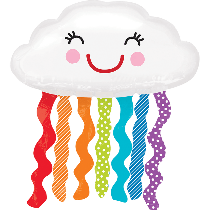 Happy white cloud-shaped mylar balloon with closed eyes, pink cheeks, red smile, and seven colorful ribbons in red, orange, yellow, green, cyan, blue, and purple with various patterns.