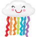 Happy white cloud-shaped mylar balloon with closed eyes, pink cheeks, red smile, and seven colorful ribbons in red, orange, yellow, green, cyan, blue, and purple with various patterns.