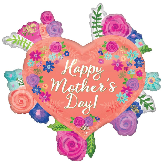 Coral heart-shaped foil balloon decorated with colorful flowers in pink, purple, blue, and cyan, surrounded by green leaves and rose designs, with "Happy Mother's Day" text in white script in the center.