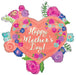 Coral heart-shaped foil balloon decorated with colorful flowers in pink, purple, blue, and cyan, surrounded by green leaves and rose designs, with "Happy Mother's Day" text in white script in the center.