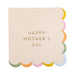 Cream-colored napkin with "Happy Mother's Day" in gold lettering, decorated with a scalloped edge featuring alternating colors including yellow, pink, orange, green, and blue.
