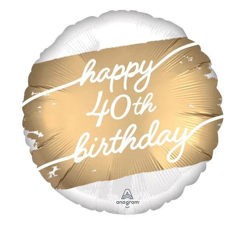 Round gold and white foil balloon with "happy 40th birthday" written in white script text across the center.