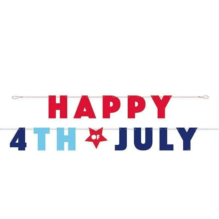 Red and blue letter banner strung on twine reading "Happy 4th of July" with a red star between the words, designed for Independence Day celebrations.