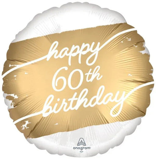 Gold and white round mylar balloon with "happy 60th birthday" in white script text across the center.