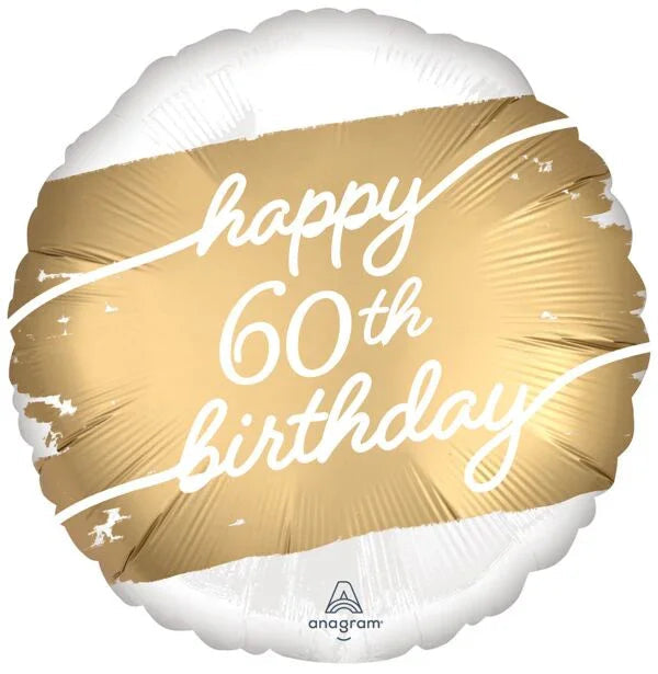 Gold and white round mylar balloon with "happy 60th birthday" in white script text across the center.