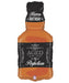 Whisky bottle-shaped foil balloon in amber and black with "Happy Birthday" text at top and "Aged to Perfection" label with crown design on the body.