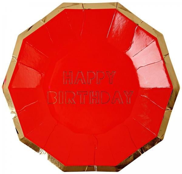 Red octagonal paper dessert plates with gold trim and "Happy Birthday" text, set of 8 plates shown fanned in display.