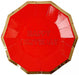 Red octagonal paper dessert plates with gold trim and "Happy Birthday" text, set of 8 plates shown fanned in display.