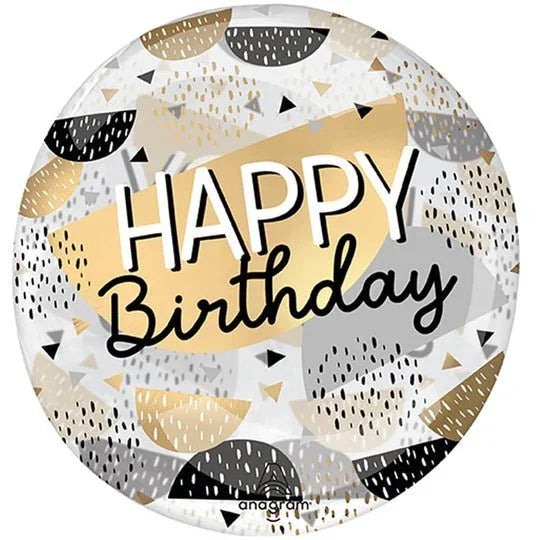 Round foil balloon featuring "Happy Birthday" text on a gold banner, decorated with black, gold, and gray teardrop and triangle shapes on a white background.
