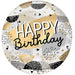 Round foil balloon featuring "Happy Birthday" text on a gold banner, decorated with black, gold, and gray teardrop and triangle shapes on a white background.