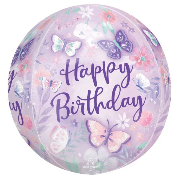 Clear purple orbz balloon decorated with colorful butterflies, flowers, and "Happy Birthday" text in purple lettering.