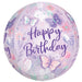 Clear purple orbz balloon decorated with colorful butterflies, flowers, and "Happy Birthday" text in purple lettering.