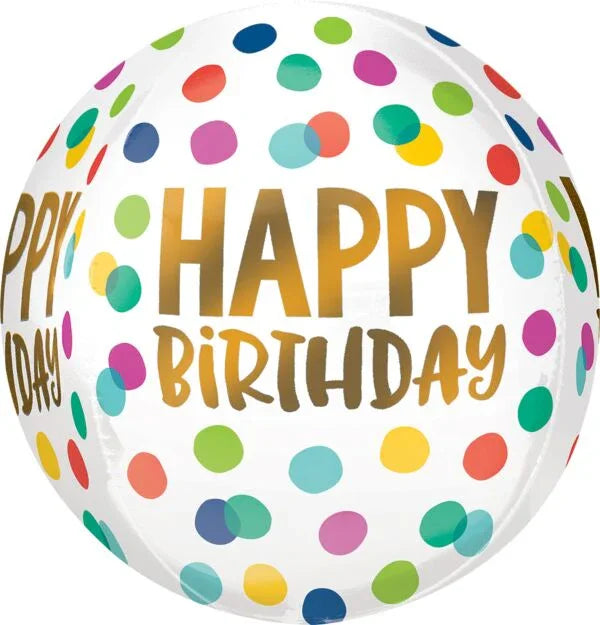 White spherical balloon with gold "Happy Birthday" text surrounded by multicolored polka dots in pink, blue, green, yellow, and teal.