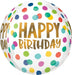White spherical balloon with gold "Happy Birthday" text surrounded by multicolored polka dots in pink, blue, green, yellow, and teal.