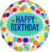 Colorful round mylar balloon featuring "Happy Birthday" in blue text on a turquoise starburst, surrounded by multicolored dots, stars, and triangles in red, yellow, blue, orange, and green.