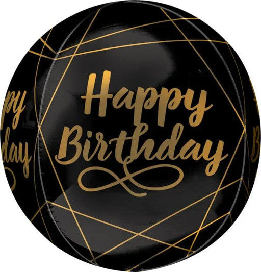 Black spherical balloon with gold geometric line pattern and gold "Happy Birthday" text with decorative flourish.