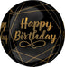 Black spherical balloon with gold geometric line pattern and gold "Happy Birthday" text with decorative flourish.
