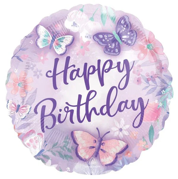 Round purple mylar balloon with "Happy Birthday" text in purple script surrounded by pink flowers and colorful butterflies in shades of purple, pink, and blue.