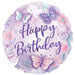 Round purple mylar balloon with "Happy Birthday" text in purple script surrounded by pink flowers and colorful butterflies in shades of purple, pink, and blue.