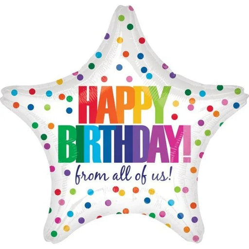 White star-shaped mylar balloon with colorful polka dots and rainbow "Happy Birthday from all of us" text.