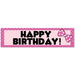 Pink polka dot birthday banner with black "HAPPY BIRTHDAY!" text and a pink bow decoration with white dots on the right side.