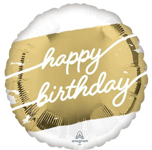 Round gold and white mylar balloon with white script text reading "happy birthday" and Anagram branding at the bottom.