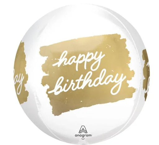 Round foil balloon in white and gold with "happy birthday" text on a gold brushstroke design.