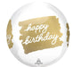 Round foil balloon in white and gold with "happy birthday" text on a gold brushstroke design.