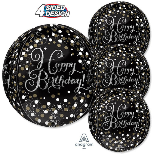 Four-sided black foil balloons with white and gold confetti designs and "Happy Birthday" script text in silver lettering.