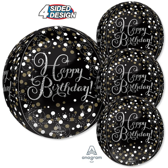 Four-sided black foil balloons with white and gold confetti designs and "Happy Birthday" script text in silver lettering.