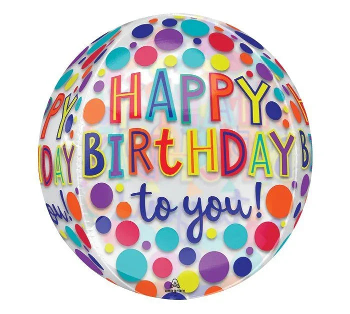 Colorful spherical birthday balloon featuring "Happy Birthday to you" in rainbow letters surrounded by multicolored polka dots in jewel tones including purple, teal, orange, and yellow.