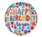Colorful spherical birthday balloon featuring "Happy Birthday to you" in rainbow letters surrounded by multicolored polka dots in jewel tones including purple, teal, orange, and yellow.