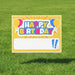 Bright yellow yard sign with "Happy Birthday" text in blue and pink letters, flanked by colorful balloons and exclamation marks, featuring a blank white space for personalization.