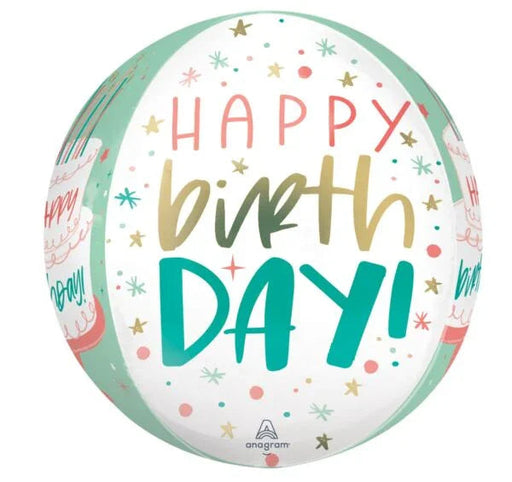 Round foil balloon with "Happy Birth Day" in pink, gold, and teal lettering surrounded by colorful stars and dots on a white background with mint green edges.