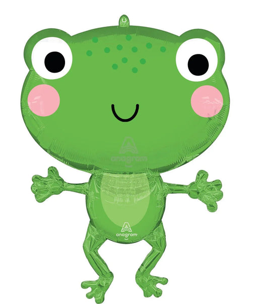 Green mylar balloon shaped like a smiling frog with large round eyes, pink cheeks, outstretched arms and legs, and a cheerful expression.