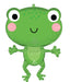 Green mylar balloon shaped like a smiling frog with large round eyes, pink cheeks, outstretched arms and legs, and a cheerful expression.