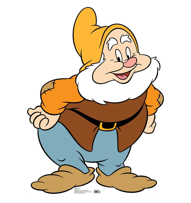 Cartoon illustration of a cheerful dwarf character with a white beard, yellow pointed hat, orange gloves, brown vest, and blue pants, smiling with arms outstretched.