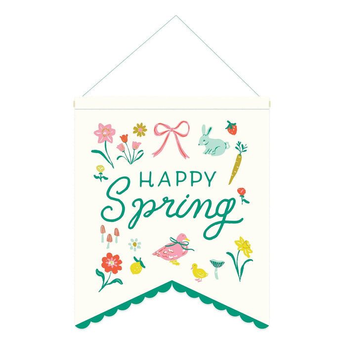 Cream canvas banner with "Happy Spring" in teal script text, surrounded by colorful illustrations of flowers, a pink bow, rabbit, strawberry, carrot, chick, and fish, finished with a scalloped teal trim at the bottom.