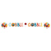 Colorful banner string featuring two turkey illustrations with fanned tail feathers on each end and "GOBBLE GOBBLE" text in multicolored letters with honeycomb decorative elements between them.