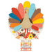 Colorful paper pop-up centerpiece featuring a turkey with multicolored feathers in red, blue, yellow, orange, cyan, and brown, surrounded by autumn leaves, mushrooms, and flowers on a cream base labeled "Happy Thanksgiving" in a gingham checkered banner.