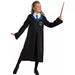 Child wearing a black wizarding robe with blue-trimmed collar and Ravenclaw crest, holding a wand, styled with white shirt and blue tie.