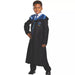 Child wearing a black wizarding robe with blue satin lining and Ravenclaw house crest, paired with a white dress shirt and blue striped tie.